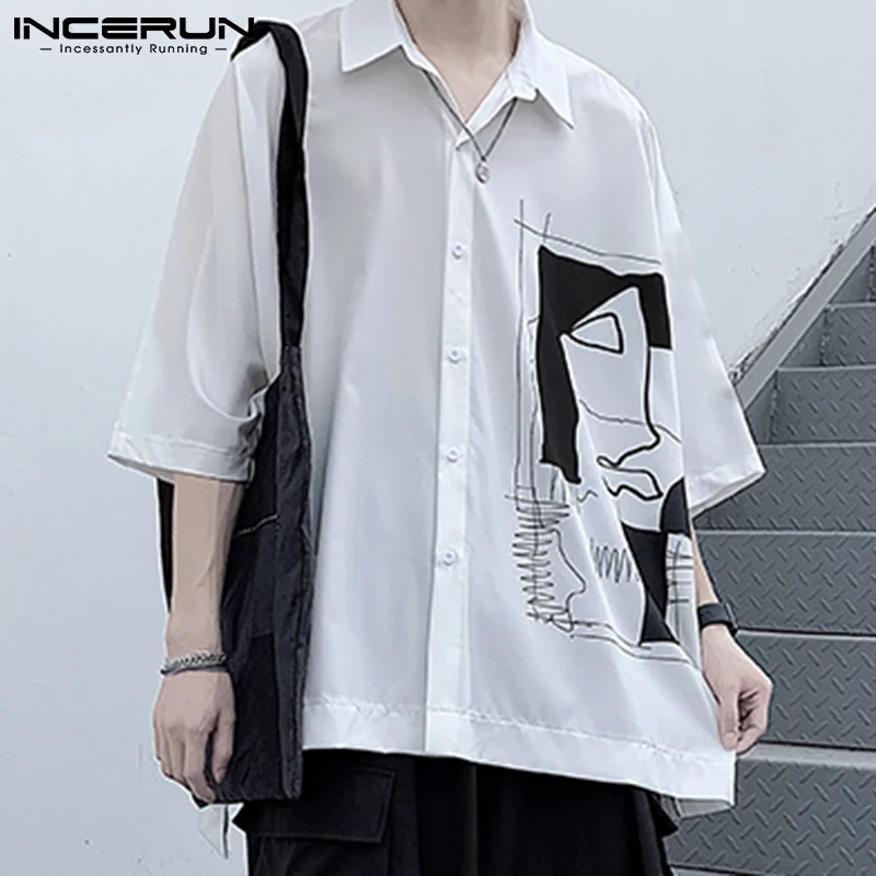 

2021 Fashion Men Shirt Printing Turn Down Collar Half Sleeve Korean Style Loose Tops Streetwear Casual Camisa Masculina INCERUN