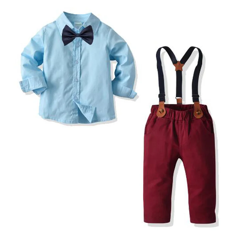 

Baby Boy Suit Long Sleeve Blue Shirt Suit Spring And Autumn Boy Bow Tie Shirt Burgundy Trousers Kids Gentleman Outing Formal Set