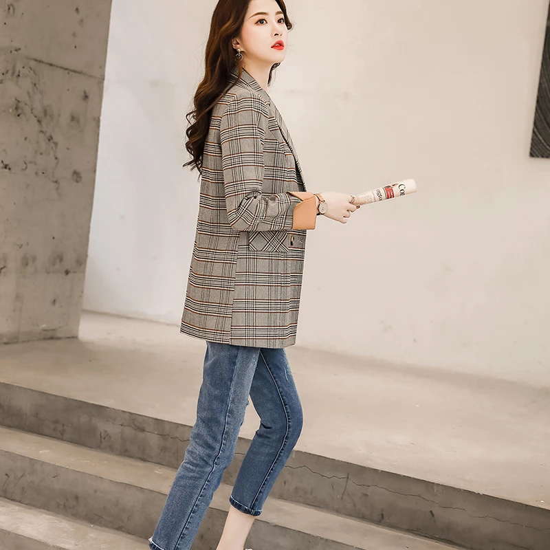 Женский двубортный пиджак Lenshin винтажный клетчатый в английском стиле с