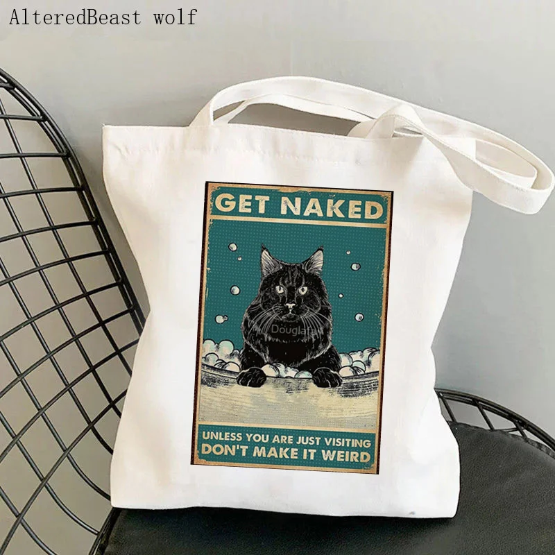 

Women Shopper bag Black Cat Bathroom Funny Quotes Bag Harajuku Shopping Canvas Shopper Bag girl handbag Tote Shoulder Lady Bag