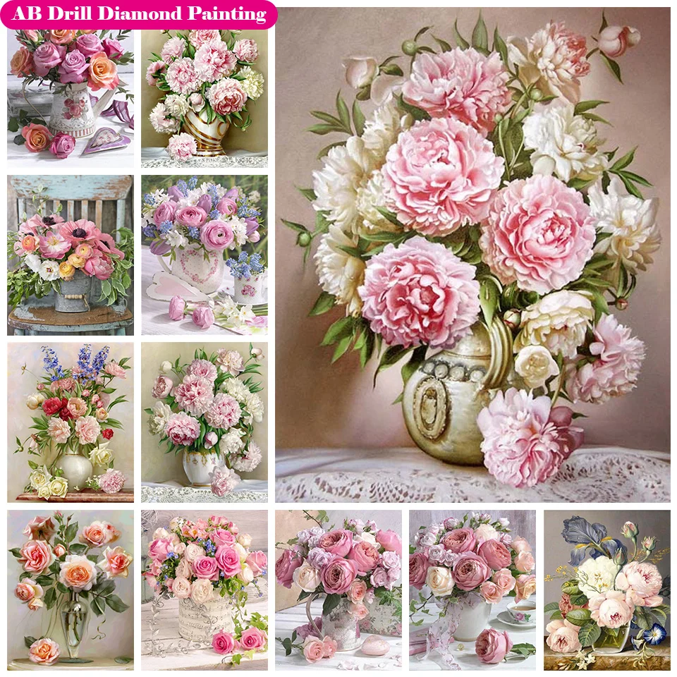 

Zipper Bag AB Drill Diamond Painting Kits Peony Flower Vase Diamonds Embroidery Rose Flowers Diamond Wall Artist Home Decor Gift