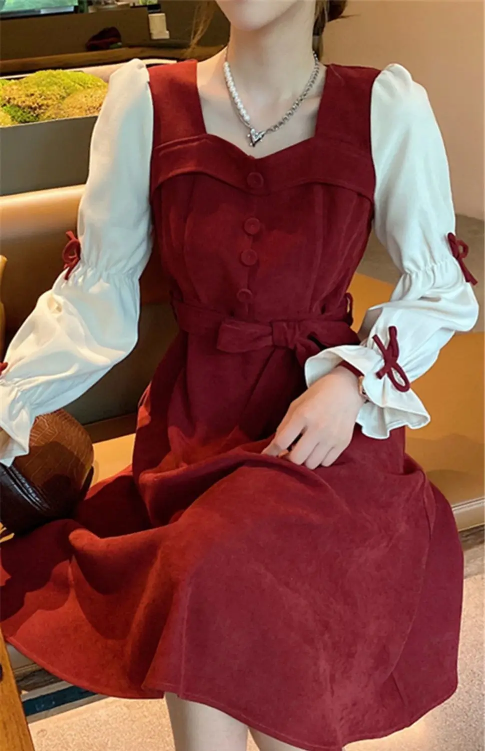 

Autumn French Retro Temperament Mid-length A-line Skirt High Waist Color Blocking Bubble Long Sleeve Square dress платье kleid