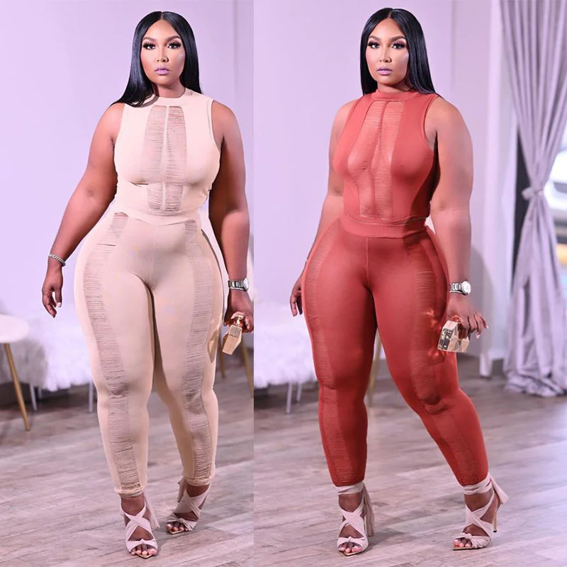 

Two Piece Set Women Summer Outfits Dropshipping Sleeveless Tops and Pant Suits Party Club Mesh Sexy Plus Size Sets Wholesale