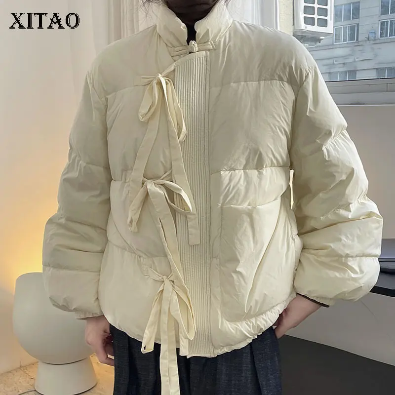 

XITAO/модное пуховое пальто на завязках с длинным рукавом, винтажное элегантное однотонное свободное 2021 пальто, GWJ2334
