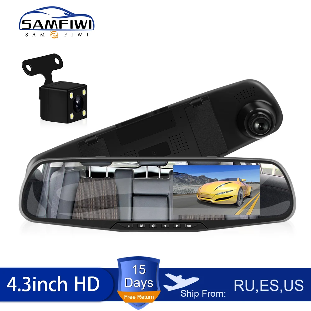 

Автомобильный видеорегистратор Full HD 1080P, Автомобильное зеркало заднего вида 4,3 дюйма, цифровой видеорегистратор с двумя объективами, Регист...