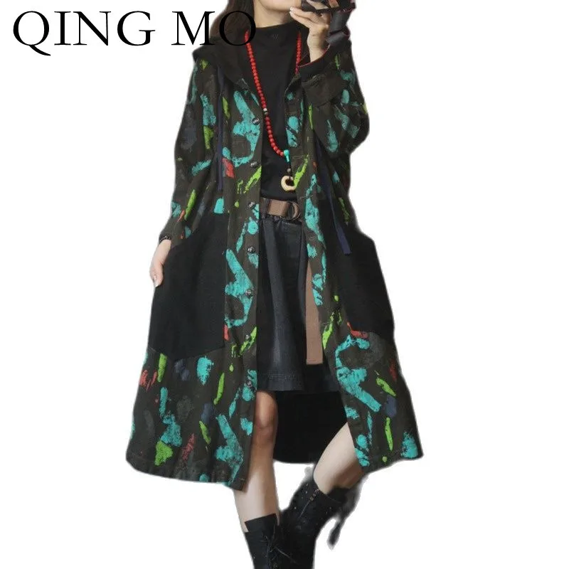 

Женская ветровка с капюшоном QING MO, зеленая свободная тонкая ветровка с большими карманами, в стиле ретро, с принтом, для осени, 2021
