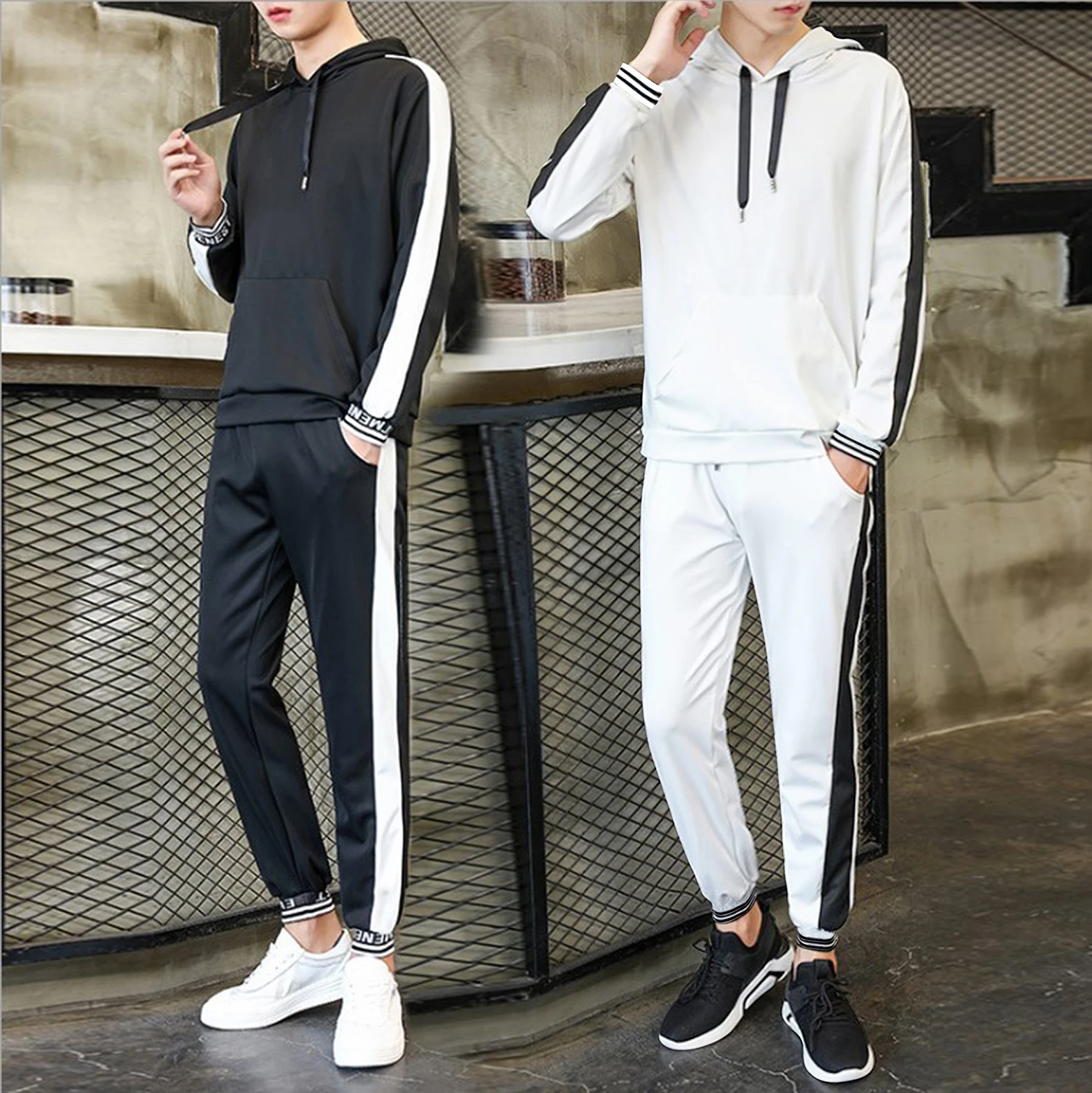 

2021 Spring New Fashion Brand Printing air Layer Men's Fashion Striped Hoodie Set Casual Hedging Suit Gym Pants Youth Sports Set