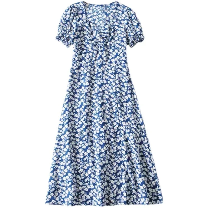 

GOOHOJIO 2021 Summer New Floral V-neck Puff Sleeves Dresses Women Temperament Dress for Ladies Vacation High Waist Women Dress