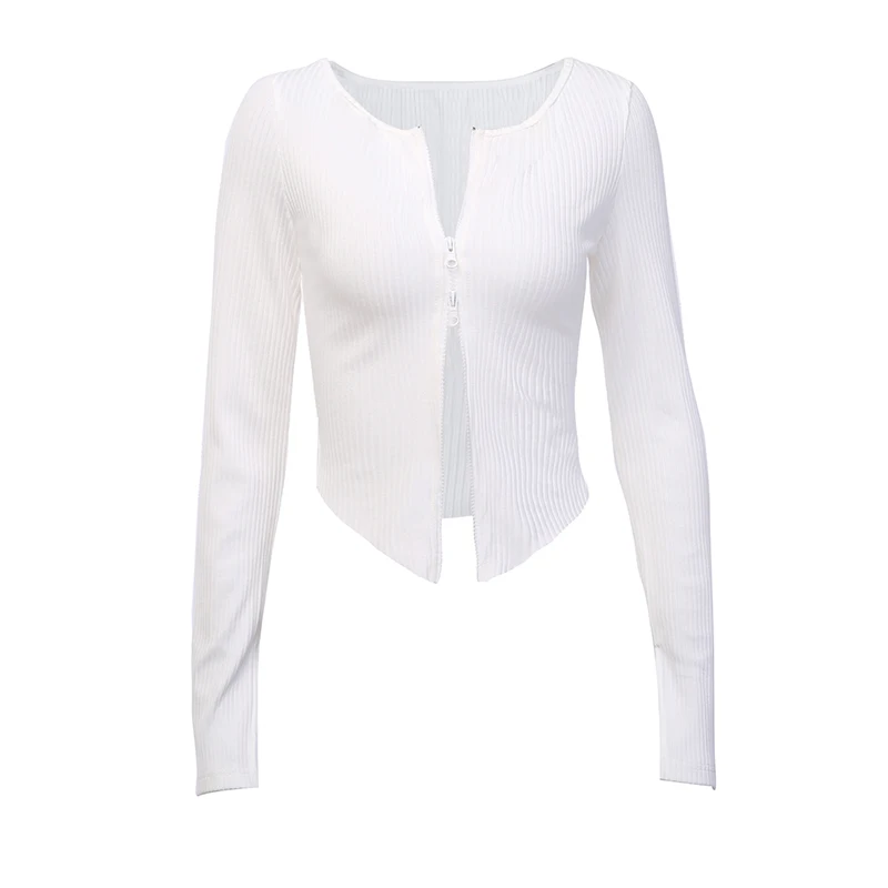 

InstaHot White Black Zip Up T-shirt Ribbed Knitted Long Sleeve Strech Irregular Casual Sexy Women Autumn Tops 2021 Streetwear