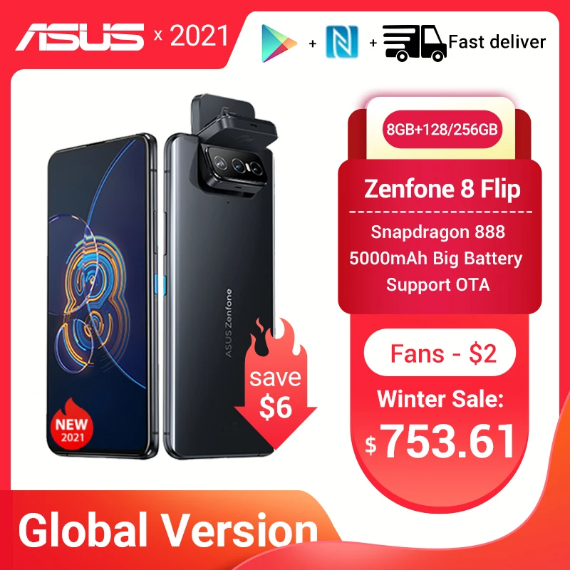 Global Version Original ASUS Zenfone 8 Flip 2021 Snapdragon 888 8GB RAM 128/256GB ROM 1080p 5000mAh Android OTA 5G Cellphone