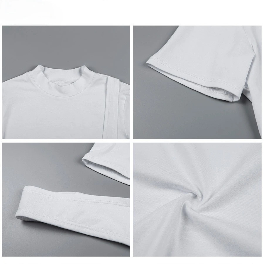 

2021 New Sexy Solid Black White O-Neck Short Sleeve T-Shirt Tees Tops Women Strip Hollow Out Short Casual Tees Crop Tops