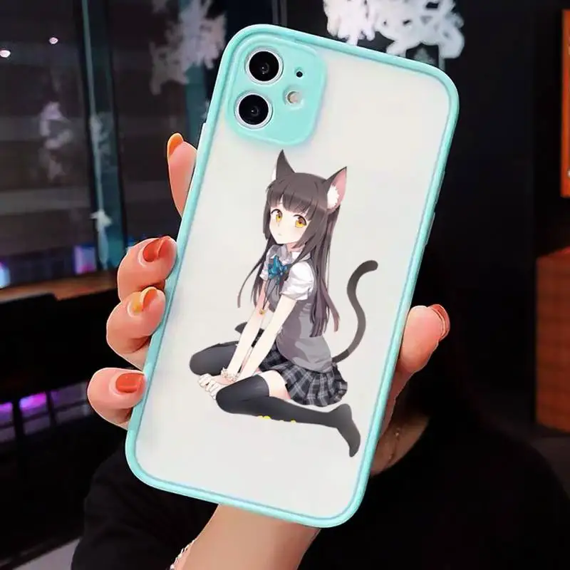 

Cute cat girl pink Phone Case For iPhone 12 11 Mini Pro XR XS Max 7 8 Plus X Matte transparent blue Back Cover