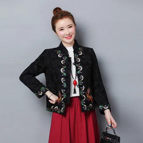 Осень и зима Вышивка Ретро женское пальто этнический стиль Цветочный Зеленый