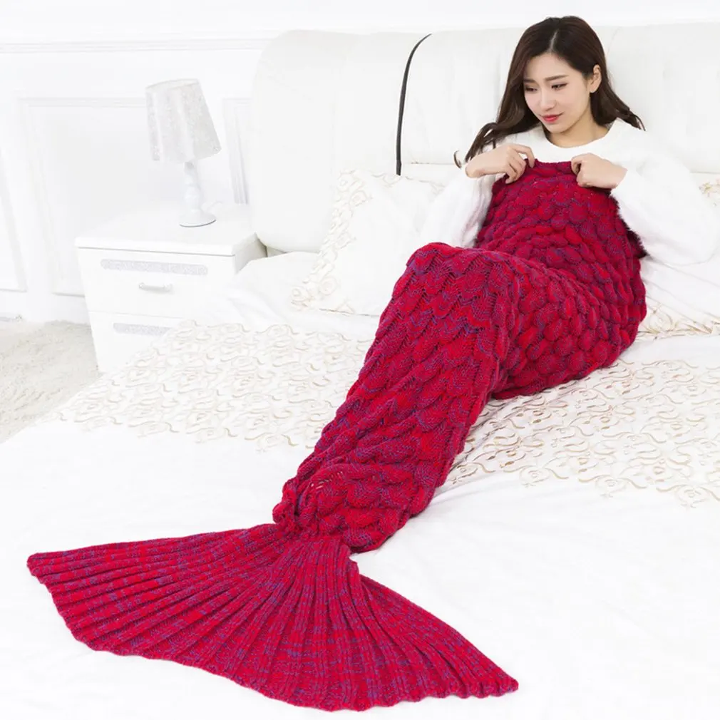 9 Colors Mermaid Blanket Handmade Knitted Sleeping Wrap TV Sofa Tail Kids Adult Baby crocheted bag Bedding Throws | Дом и сад