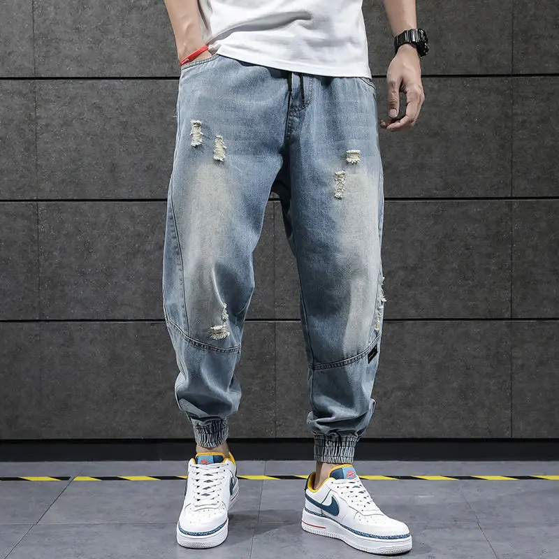

2021 New Hip Hop Harem Jeans Pants Men Loose Joggers Denim Casual Sweatpants Korea Ankle Length Trousers Streetwear Male Clothes