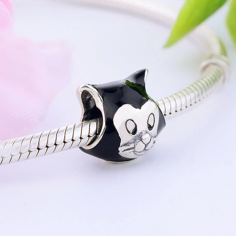 Бусина кошка Фигаро из серебра 100% пробы с черной эмалью подходит для