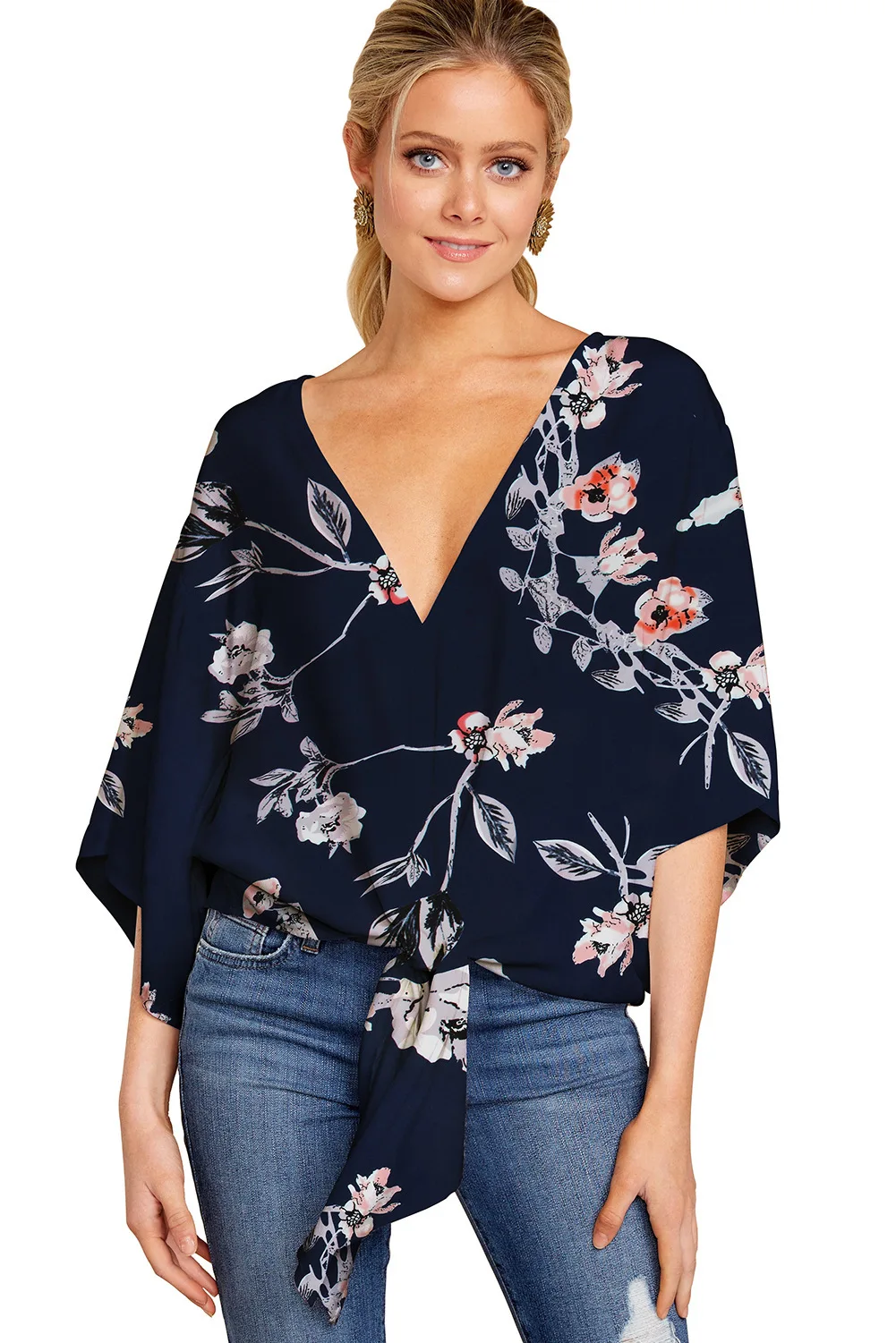 

Summer Casual Loose Women Blouse Plus Size 5XL Batwing Sleeve Deep V Shirts Femme Print Tie Cotton Irregular Pullovers Female