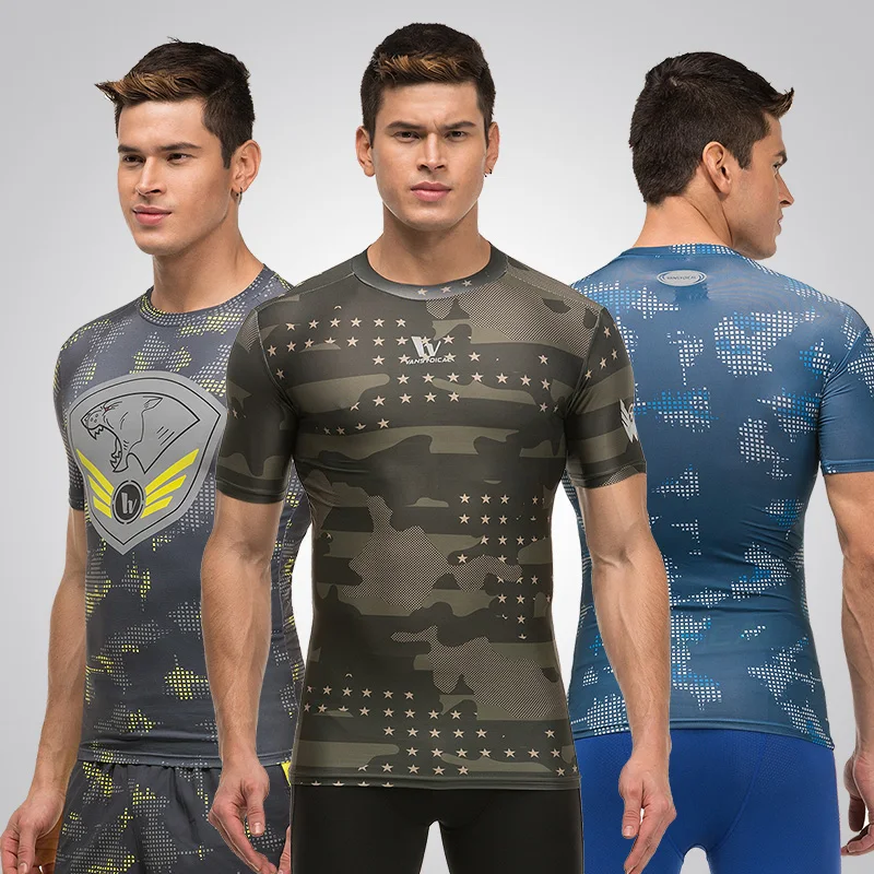 VANSYDICAL Мужская рубашка для бега с коротким рукавом камуфляжная компрессионная