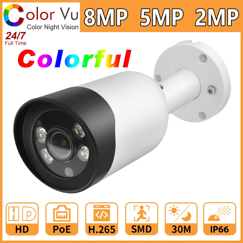 Совместимая с Hikvision 4K цветная Ночная камера 8 МП полноцветная цветная IP-камера Vu Bullet Цветная яркая 5 Мп камера видеонаблюдения PoE со встроенны...