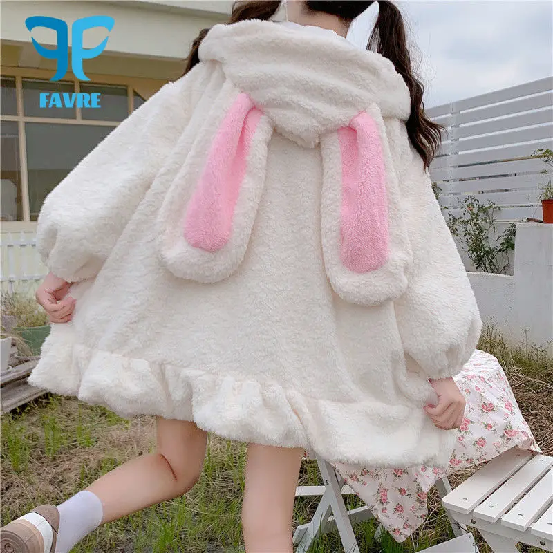 

FAVRE Hoodies Women Sweatshirts Zip-Up Hooded Pullovers Rabbit Ears Lolita Cute Sweet Warm Baggy Sweatshirt Girls Japanese Tops