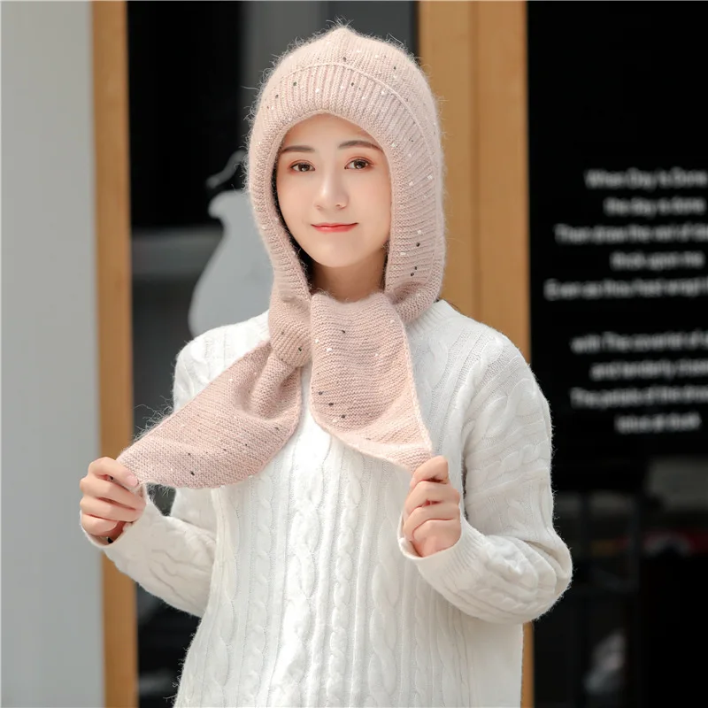 

Fashion Dots Scarf Hat for Women's Autumn and Winter Warm Beanies Korean Style Cute Winter Wool Hats One-piece Two-espiece Suit