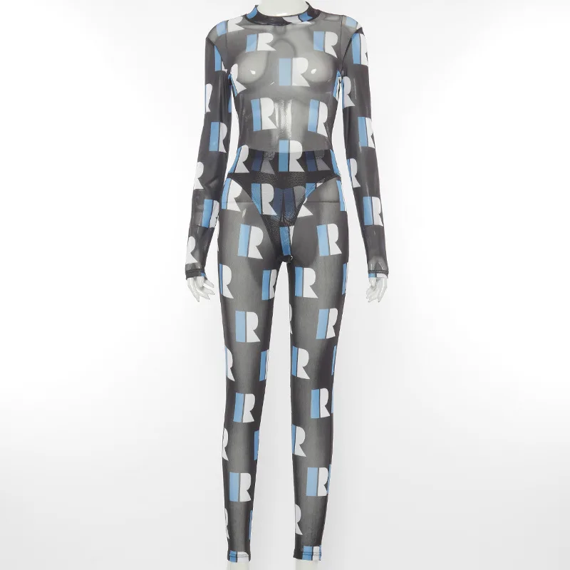 

2021 Sexy Loungewear Tracksuit Long Sleeve Letter Print Mesh See Through Skinny Bodysuit Leggings 2 Piece Matching Sets