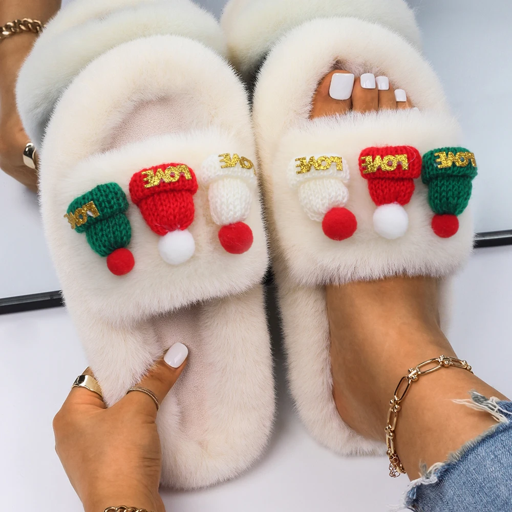 Furry Slippers Women Christmas woolen hat Decor Faux Fur Slides Ladies Flip Flops Designer Fur Sandals Bedroom Slippers Shoes