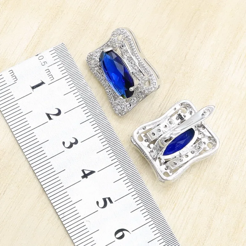 Геометрический синий сапфир 925 серебро набор украшений для женщин пробы с