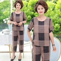 5xl fashion 2 piece suit middle aged women summer short sleeve tops and pants suits printed two piece sets womens outfits y900