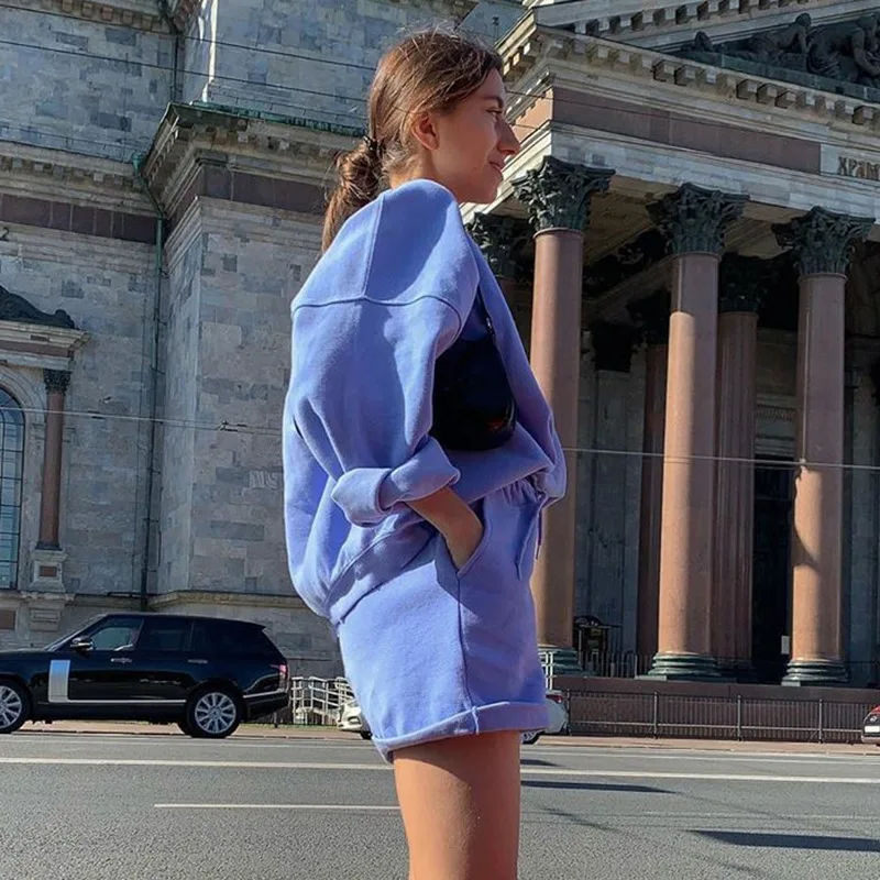 Fitshinling Athleisure Женский комплект повседневные толстовки и шорты однотонный из двух