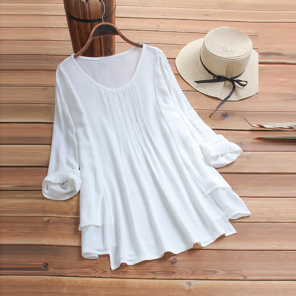 Блузка женская размера плюс с длинным рукавом свободная рубашка круглым вырезом