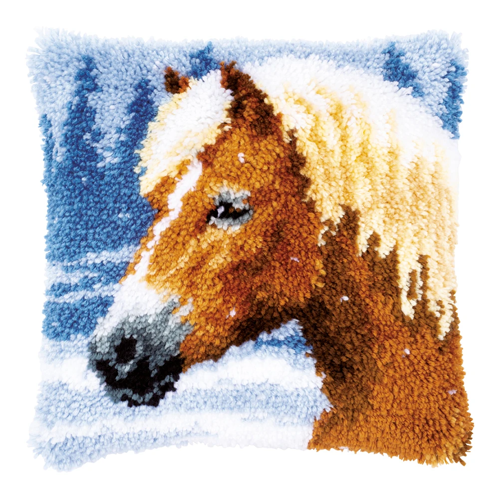 DIY Latch Hook Kits Throw Pillow Cover Cute Horse Rug Pattern Printed 16X16 inch, Crochet Needlework Crafts for Kids and Adults