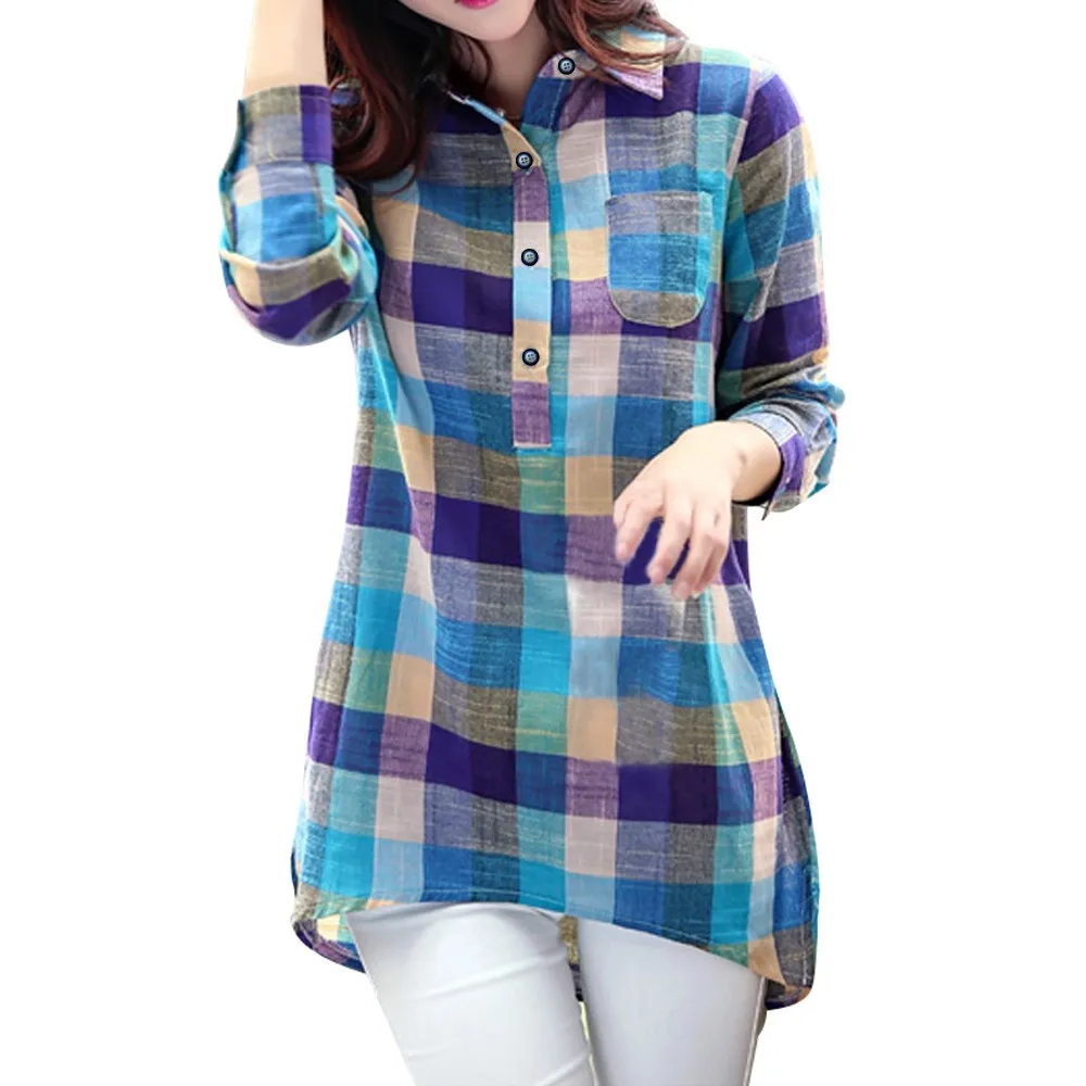 

Women Casual Matching Color Long Sleeve Button Loose Plaid Shirt Blouse Top Camisa Рубашка Футболка женская Ropa de mujer