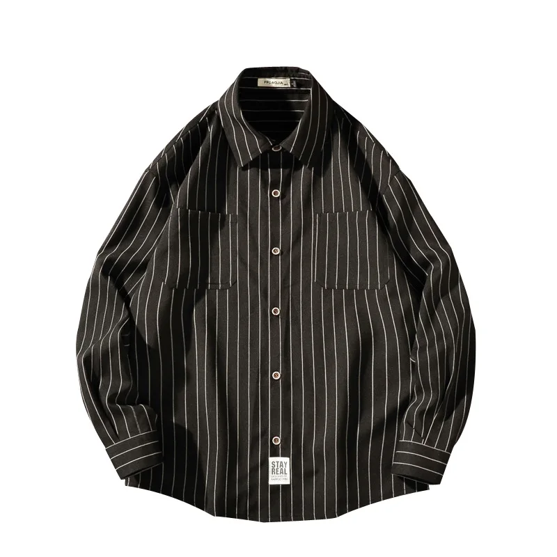 

Spring Autumn New Fashion Men's Striped Shirts With Pockets Japan Style Harajuku Loose Long Sleeve Business Casual Simple Tops
