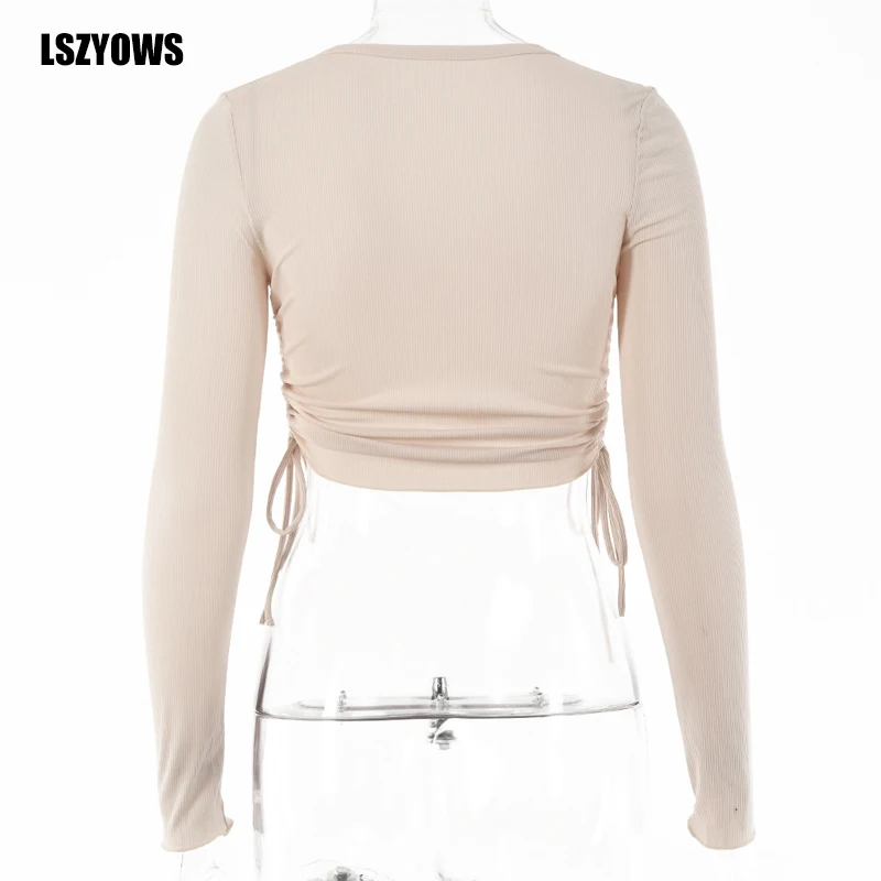 

Knitted Crop Top Women Elegant Drawstring Lace Up Ruched T Shirt Streetwear Club Party Long Sleeve V-Neck Casual Autumn Tops Tee