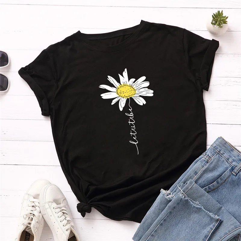 

Summer S-2XL Plus Size T Shirt Cute Daisy Print T-Shirt 100%Cotton Women Tshirts O Neck Short Sleeve Tee Oversized Black Tops