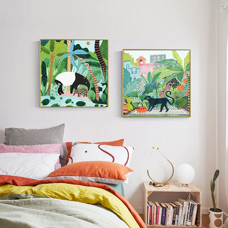 Джунгли Дикий леопард тропические животные Птица лист скандинавский плакат