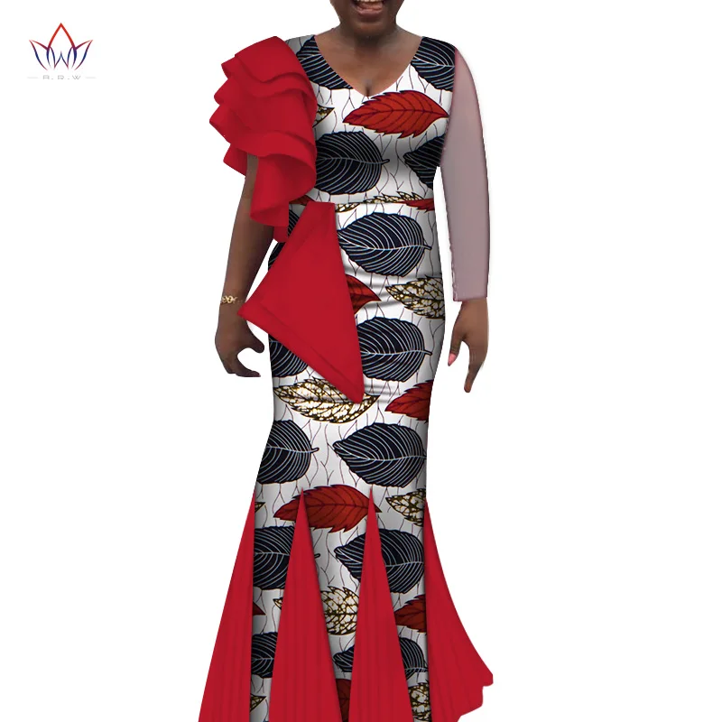 African Women Wedding Party Dress Bazin Riche African Clothing V Neck Print Long Dress Bridesmaid Dress Engagement Dress WY7278