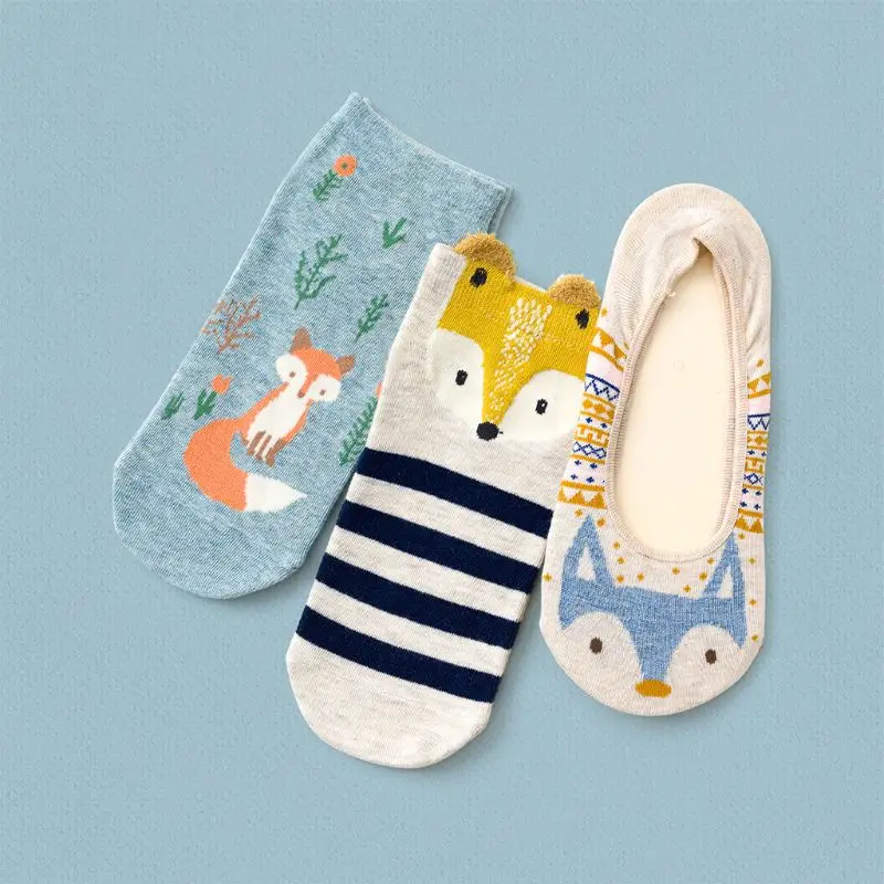 

3 Pairs Women Girls Summer Low Cut Cotton Boat Socks Cartoon Forest Deer Giraffe Animal Print Invisible Short Hosiery