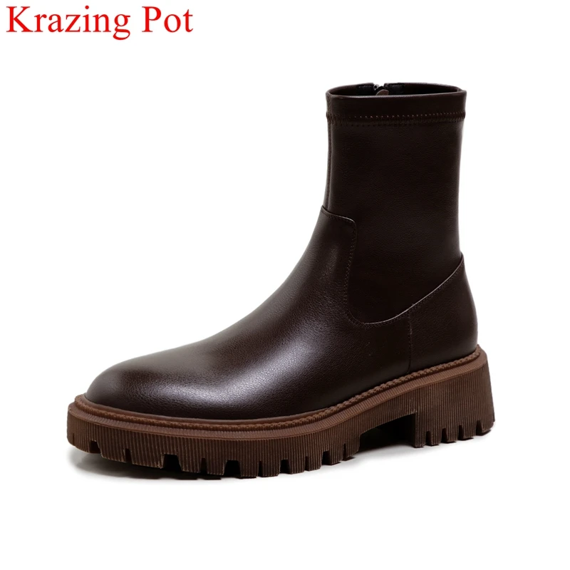 

Krazing Pot 2022 cow leather med heel round toe Chelsea boots warm winter shoes zipper party vintage casual concise ankle boots