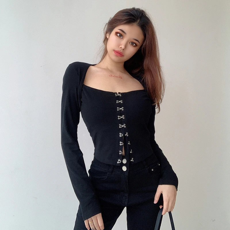 

Casual Square Neck Women T-shirts Solid Long Sleeve Slim Crop Tees Metal Hook Single Breasted Women's T-shirt Basic Undershirt