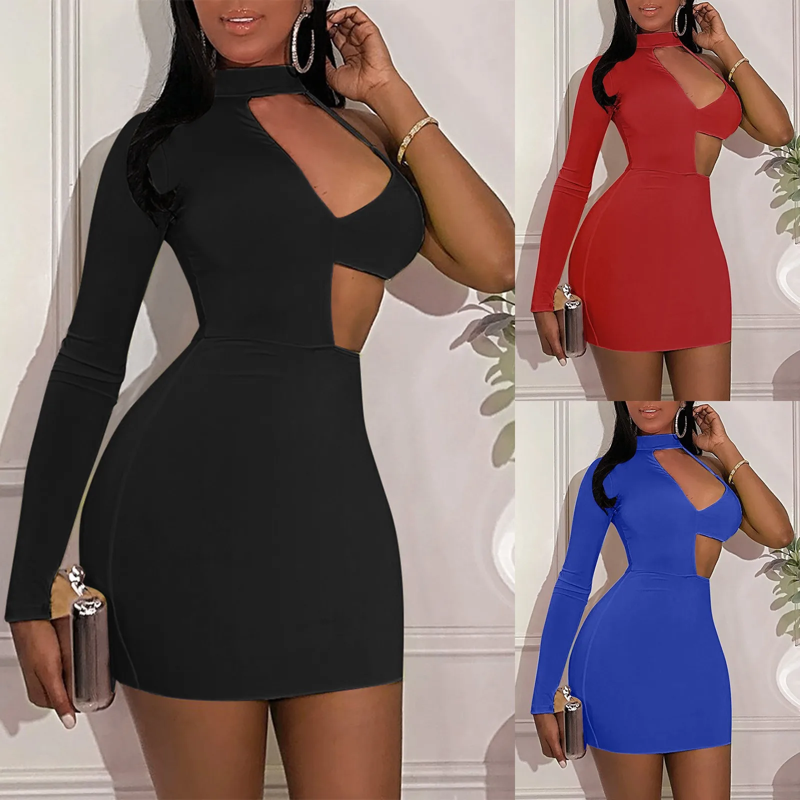 

Women's Sexy Hollow Out One Shoulder Long Sleeve Solid Color Dress High Neck Skinny Knee-length Mini Skirt