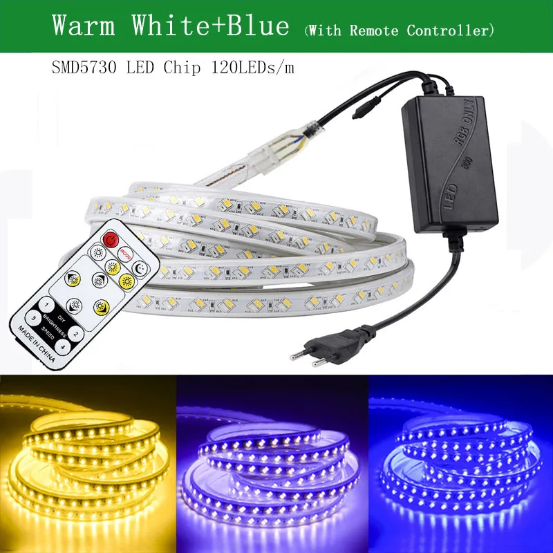 SMD 5050 AC220V Светодиодные ленты гибкий светильник 60 светодиодный s/m Водонепроницаемый светодиодный лента светодиодный светильник с Мощность штекер Адаптер длиной 1 м/2 м/3 м/5 м/6 м/8 м/9 м/ 10 м/15 м/20 м - Испускаемый цвет: Warm White and Blue