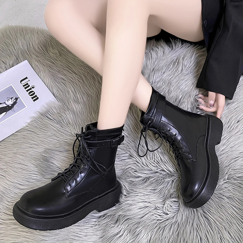 

2021 New Autumn Winter Fashion Mid Heels Boots Women Platform Non Slip Chelsea Shoes Snow Warm Ankle Goth Motorcycle Shoes lady