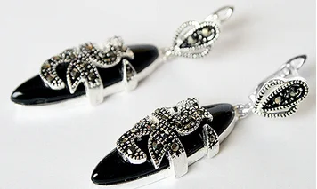 

New 925 Sterling Silver & Marcasite inlay Natural Black jade fashion Earrings