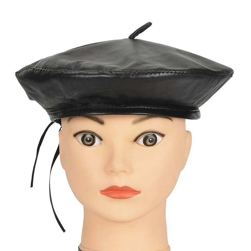 

Brand high quality autumn and winter ladies leather beret ladies 100% sheepskin solid color outdoor street shooting hat