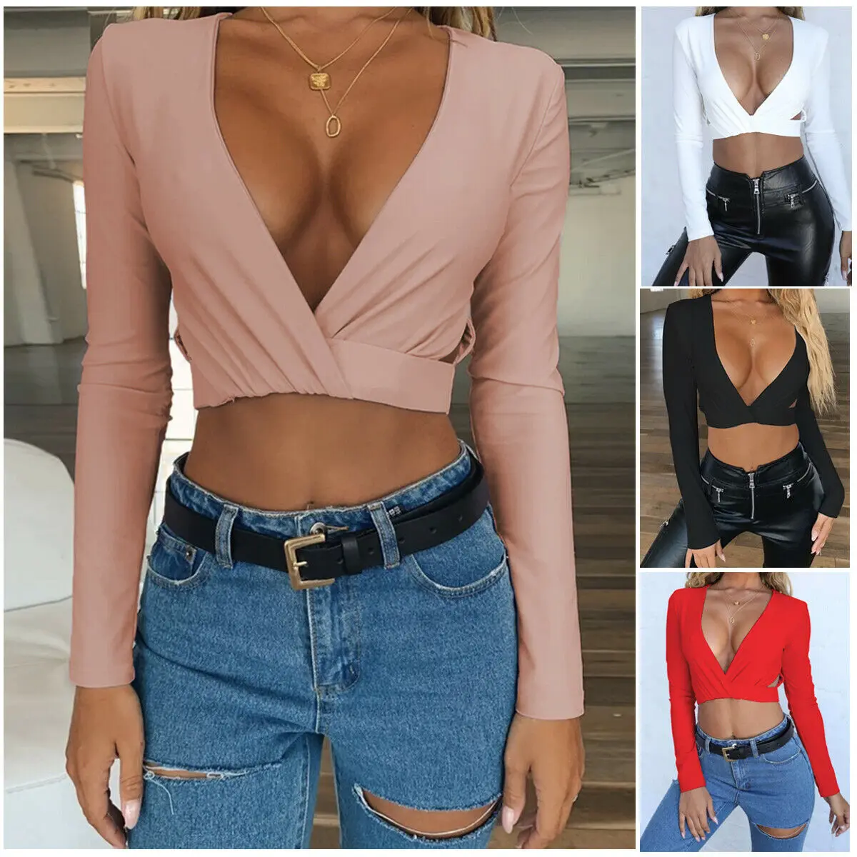 Женская Сексуальная футболка с глубоким v образным вырезом длинным рукавом