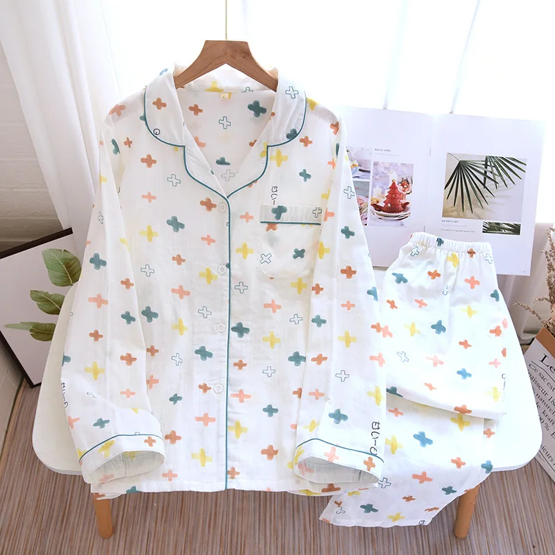 Cotton Gauze Homewear Set Long Sleeve Top and Long Pants Pajamas Set 2021 Autumn Japanese Soft Simple Printed Casual Pajama Set