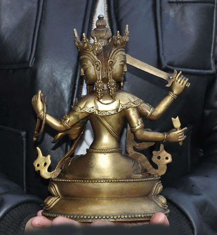 

wedding decoration 10"Tibet Buddhism bronze 3 Head 4 Arms Chenrezig Goddess Kwan-yin guanyin statue