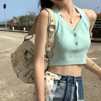 summer solid halter top beach backless tank top ins vintage v neck sexy short sleeveless slim y2k top korean fashion clothing
